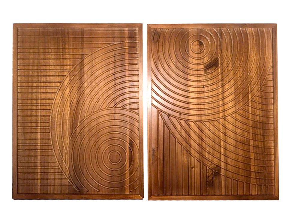 Artisanal Acacia Wood Carved Geometric Wall Decor Panel Set